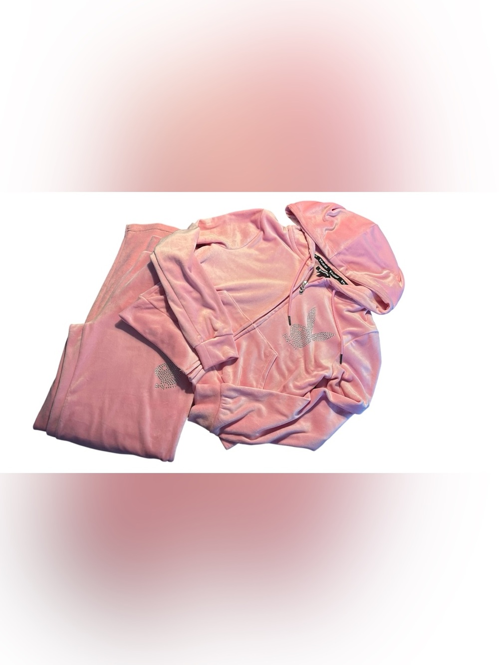 PLAYBOY Pink Velour Hooded Jacket with Crystal Bunny